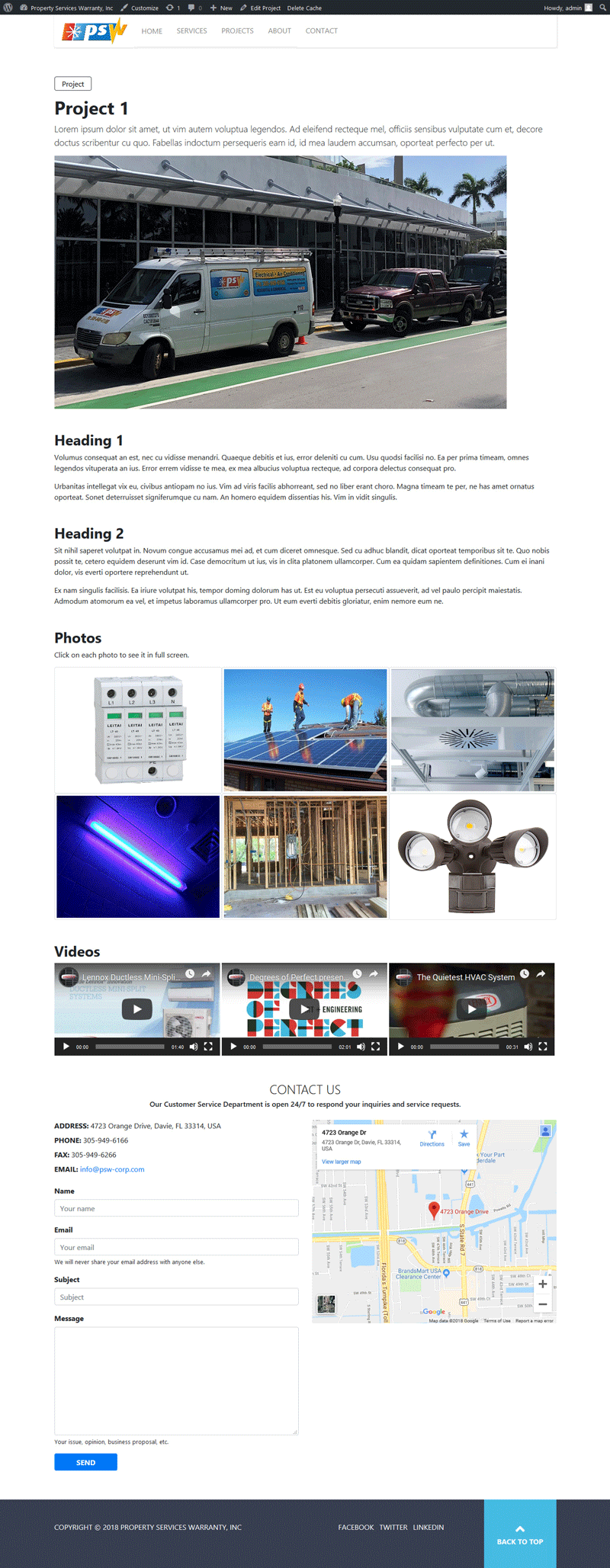Sitio web "PSW Corporation": Página de un proyecto vista en dispositivos de pantalla grande.