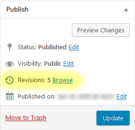 WordPress - Publish box of the Edit Post screen showing the number of revisions kept for the current post.