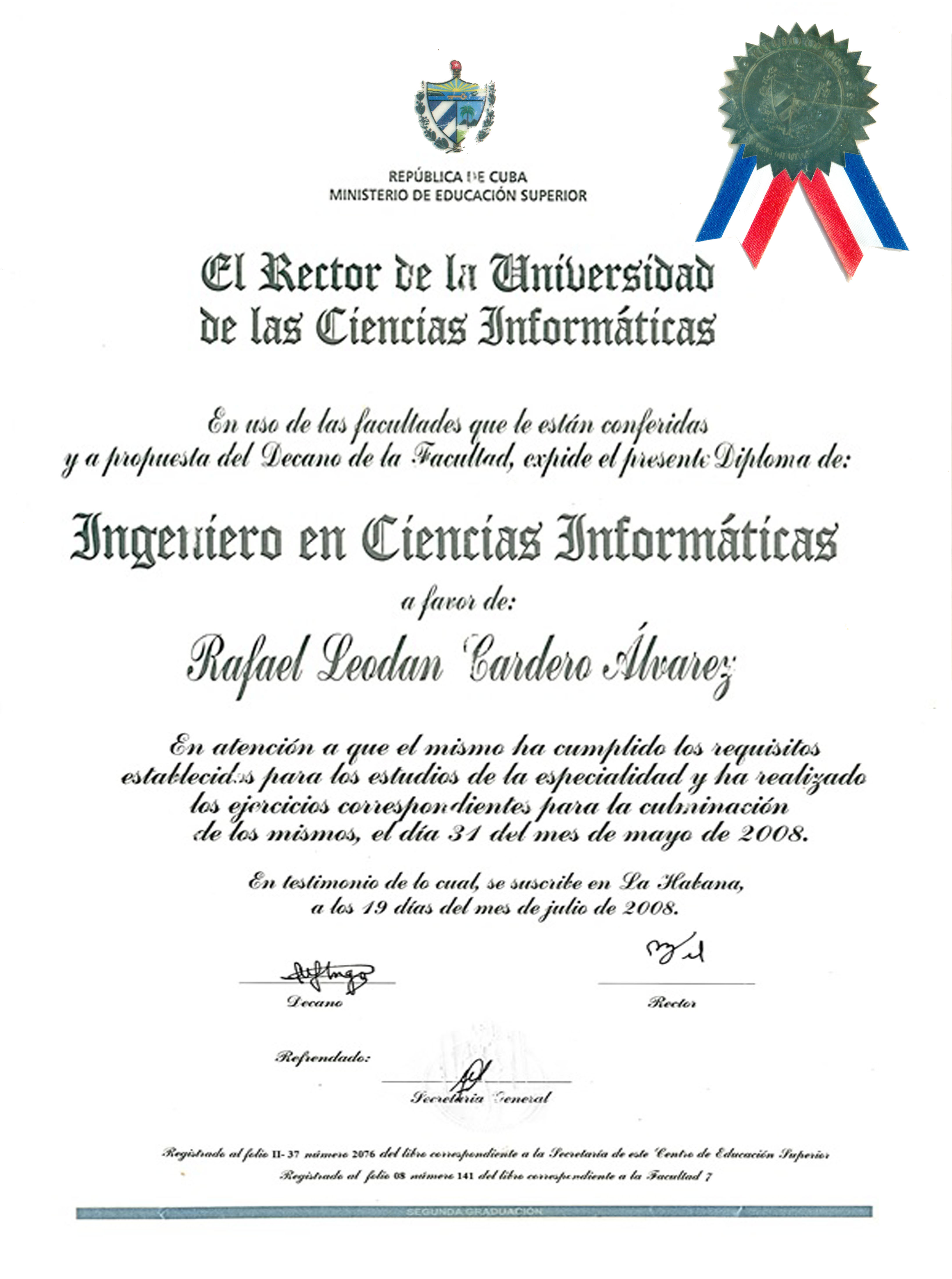 Certificado de Ingeniero en Ciencias Informáticas.