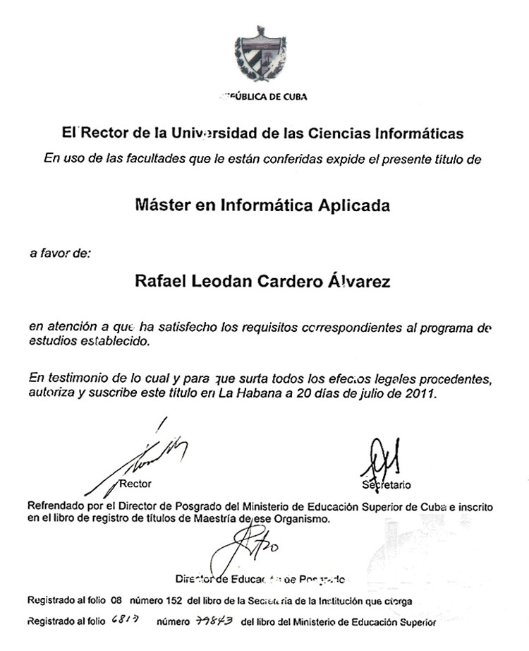 Certificado de Máster en Informática Aplicada.