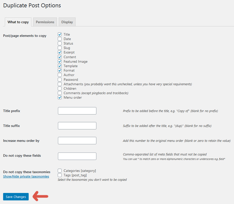 First tab of the configuration screen of the plugin Duplicate Post.