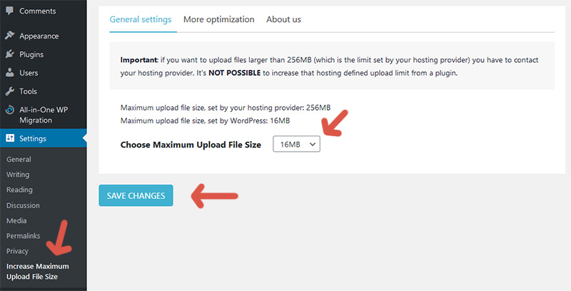 First tab of the configuration screen of the plugin Increase Maximum Upload File Size.