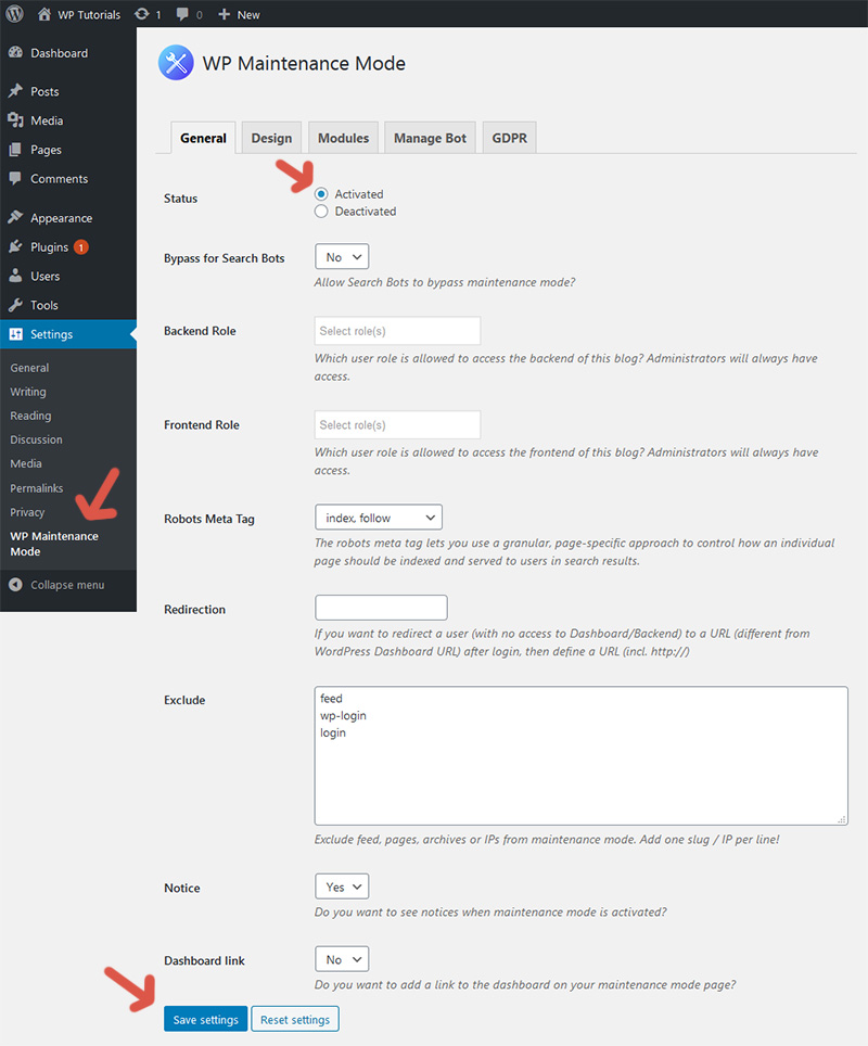 First tab of the configuration screen of the plugin WP Maintenance Mode.