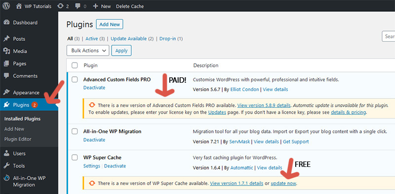 Link to update a plugin using the one-click method.