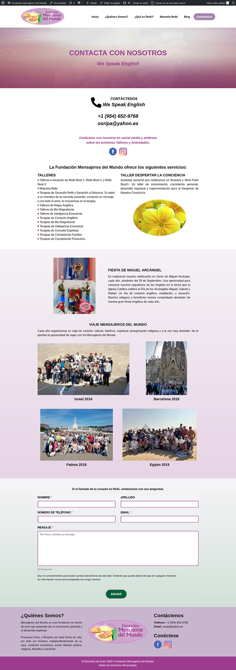 Website "Mensajeros del Mundo": Page "Contact Us" viewed on large-screen devices.