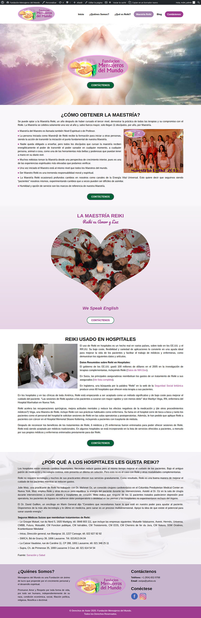 Website "Mensajeros del Mundo": Page "Reiki Master" viewed on large-screen devices.