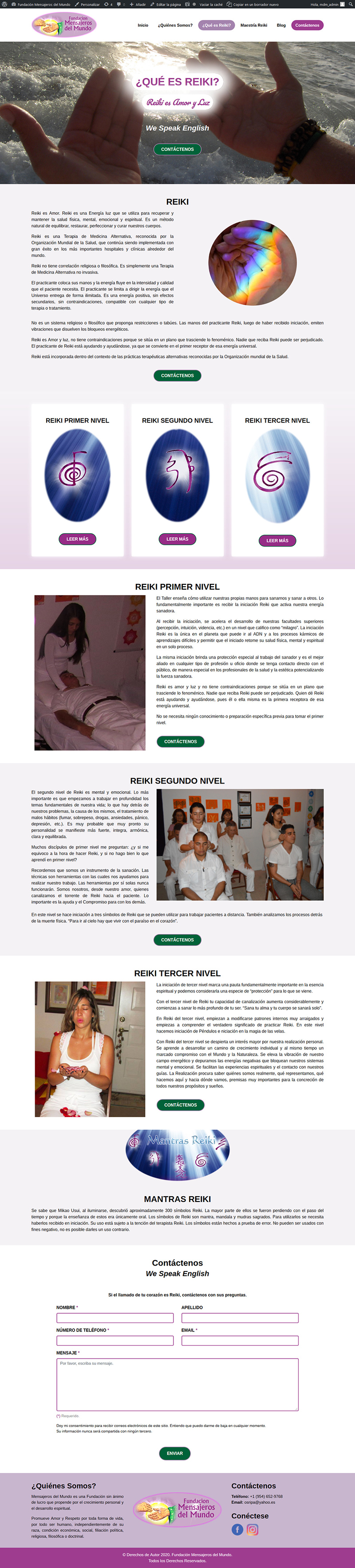 Website "Mensajeros del Mundo": Page "What is Reiki?" viewed on large-screen devices.