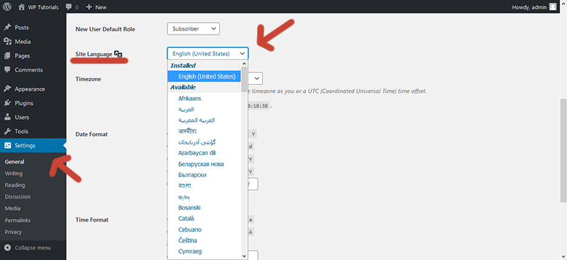 Site Language setting of WordPress.