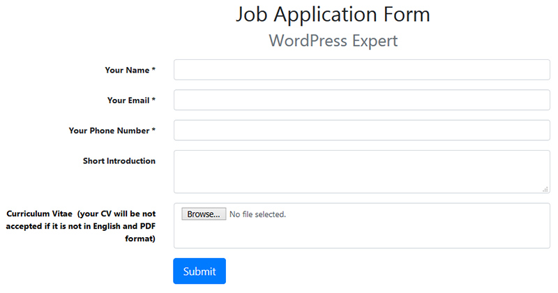 Form for applying for a job at Cuban Engineer.