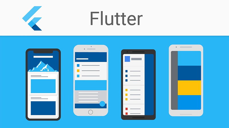 Flutter logo and four smartphones on a blue background.