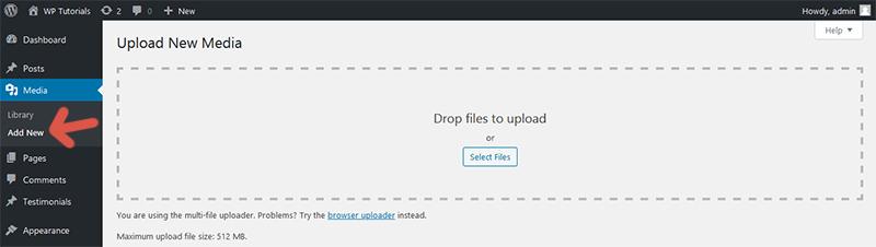 Screen to upload a file in WordPress.