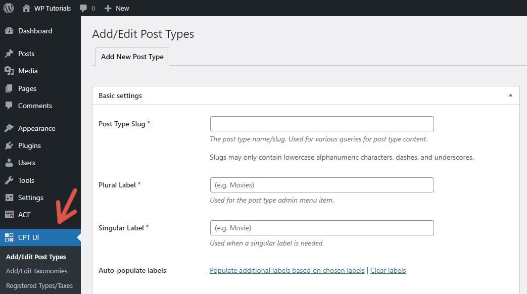 Screen "Add/Edit Post Types" of the plugin Custom Post Type UI.