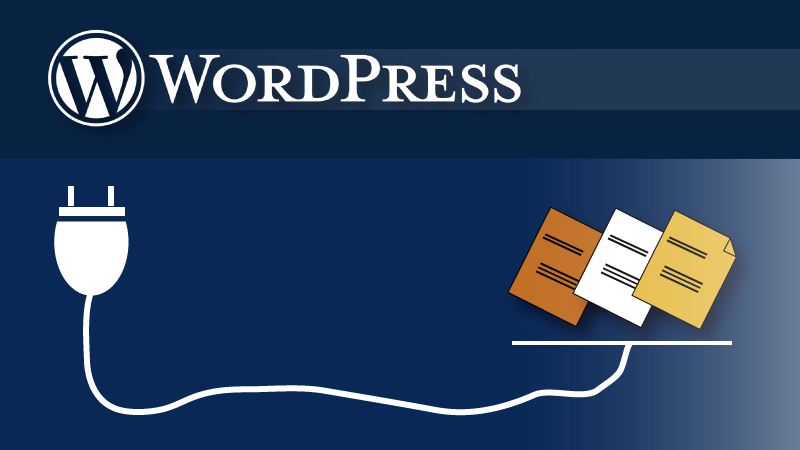 WordPress logo near a plug on a blue background.