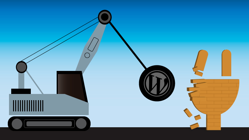 WordPress logo in a wrecking ball.