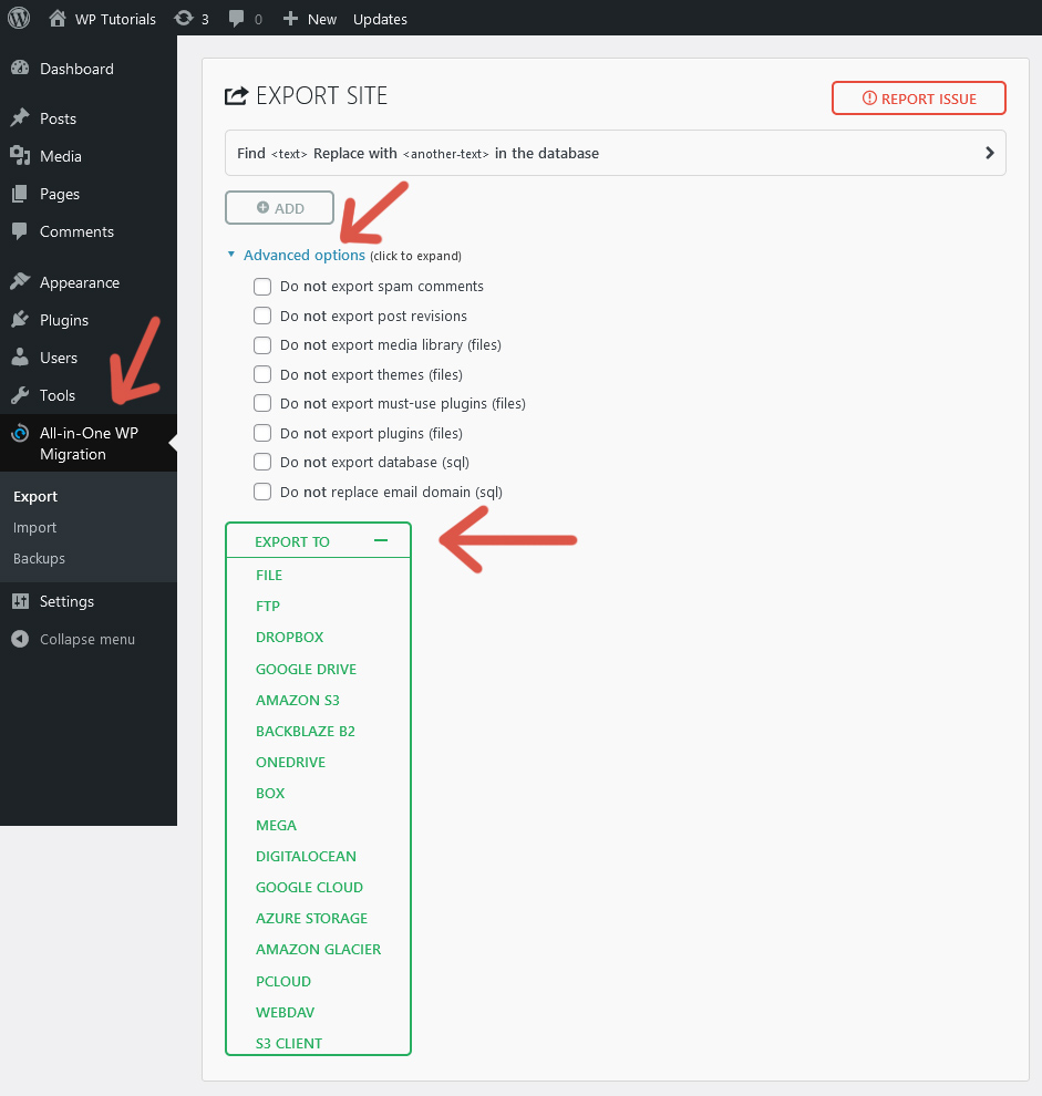 Screen "Export" of the plugin All-in-One WP Migration.