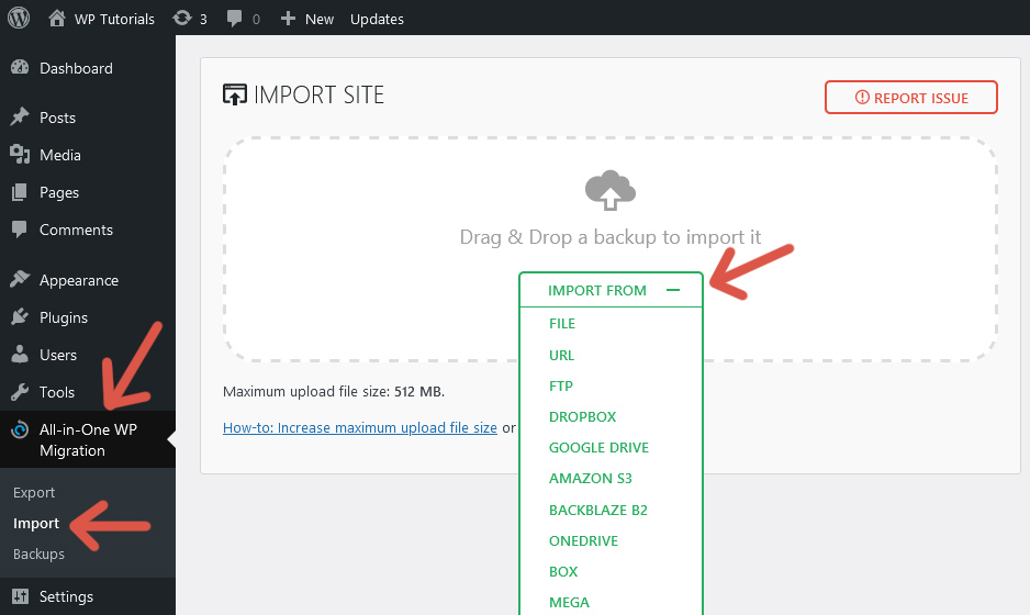 Screen "Import" of the plugin All-in-One WP Migration.