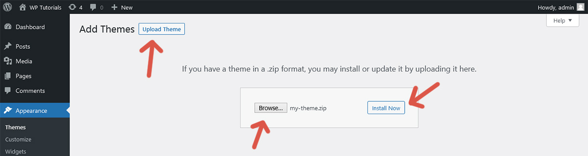 Screen to install a theme from a WordPress upload.