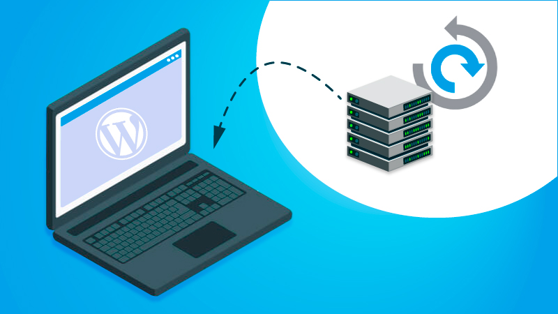 All-in-One WP Migration logo near a laptop and disks to represent an import.