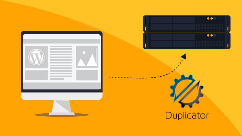 Duplicator logo near a monitor and two servers to represent an export.