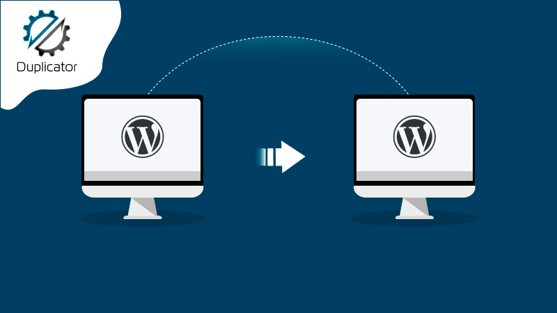 Duplicator logo near two monitors to represent a website migration.