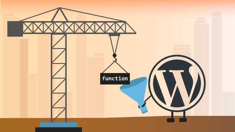 WordPress logo holding a funnel near a crane.