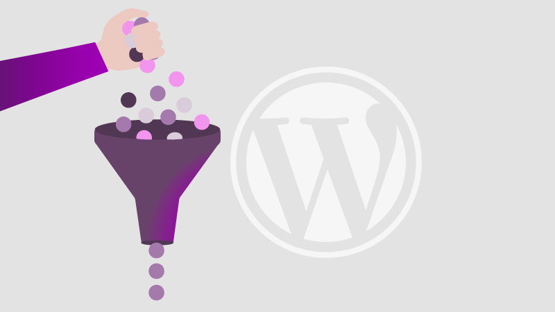 WordPress logo near a funnel on a light gray background.
