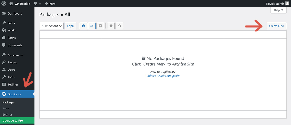 First step of the procedure to create a package using Duplicator.