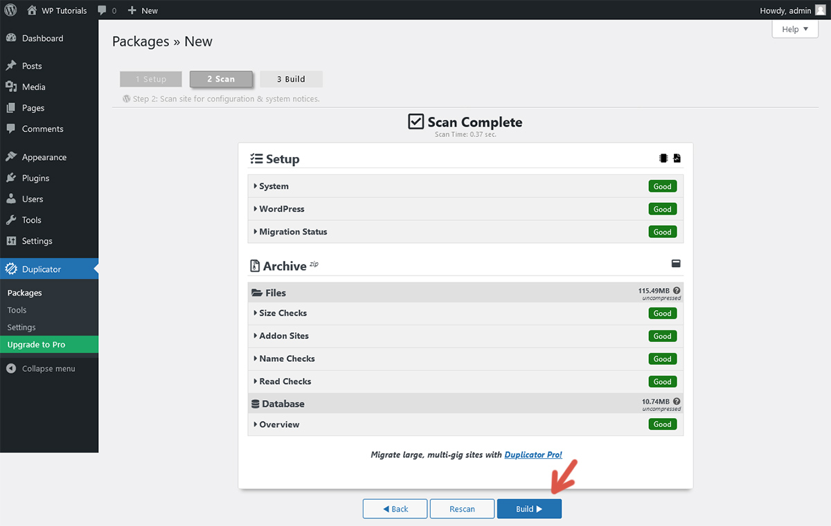 Third step of the procedure to create a package using Duplicator.