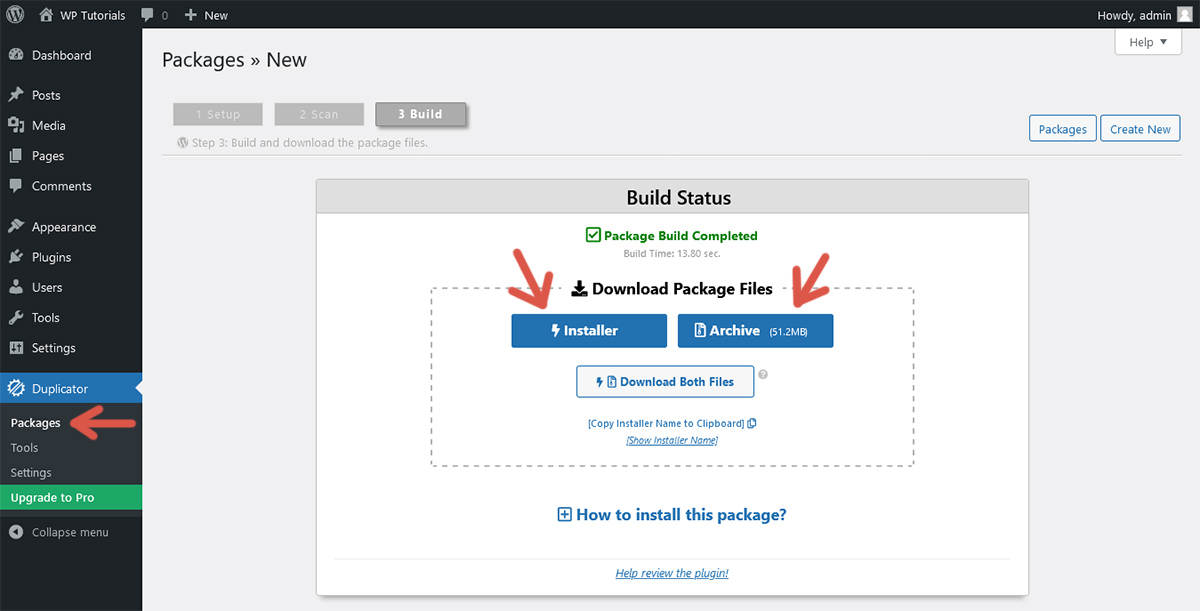 Fourth step of the procedure to create a package using Duplicator.