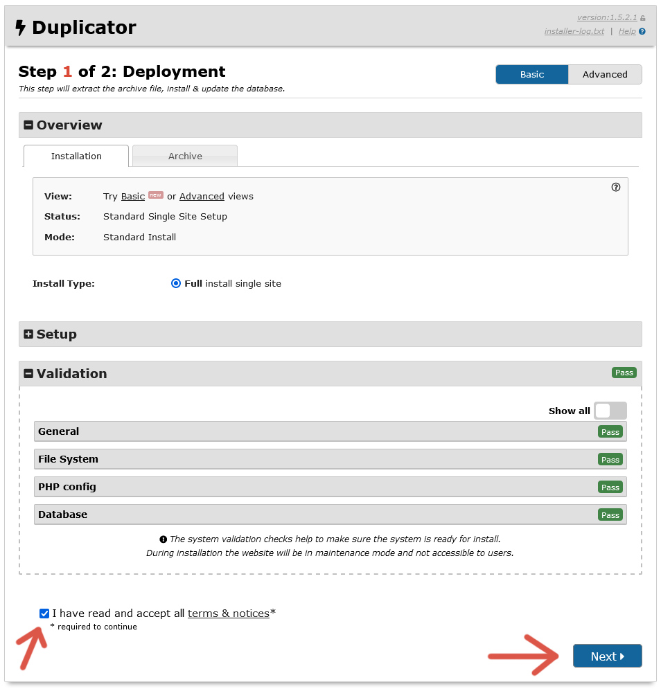 Second step of the procedure to restore a website from a backup using Duplicator.