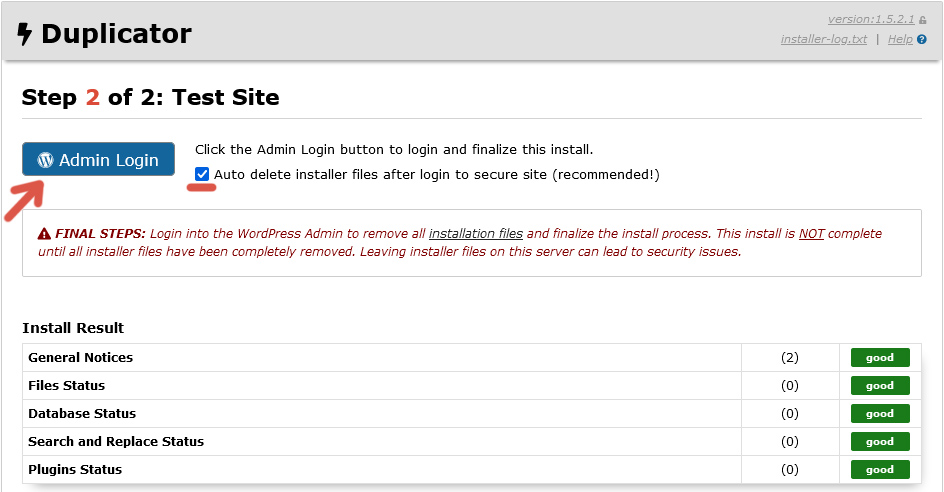 Third step of the procedure to restore a website from a backup using Duplicator.