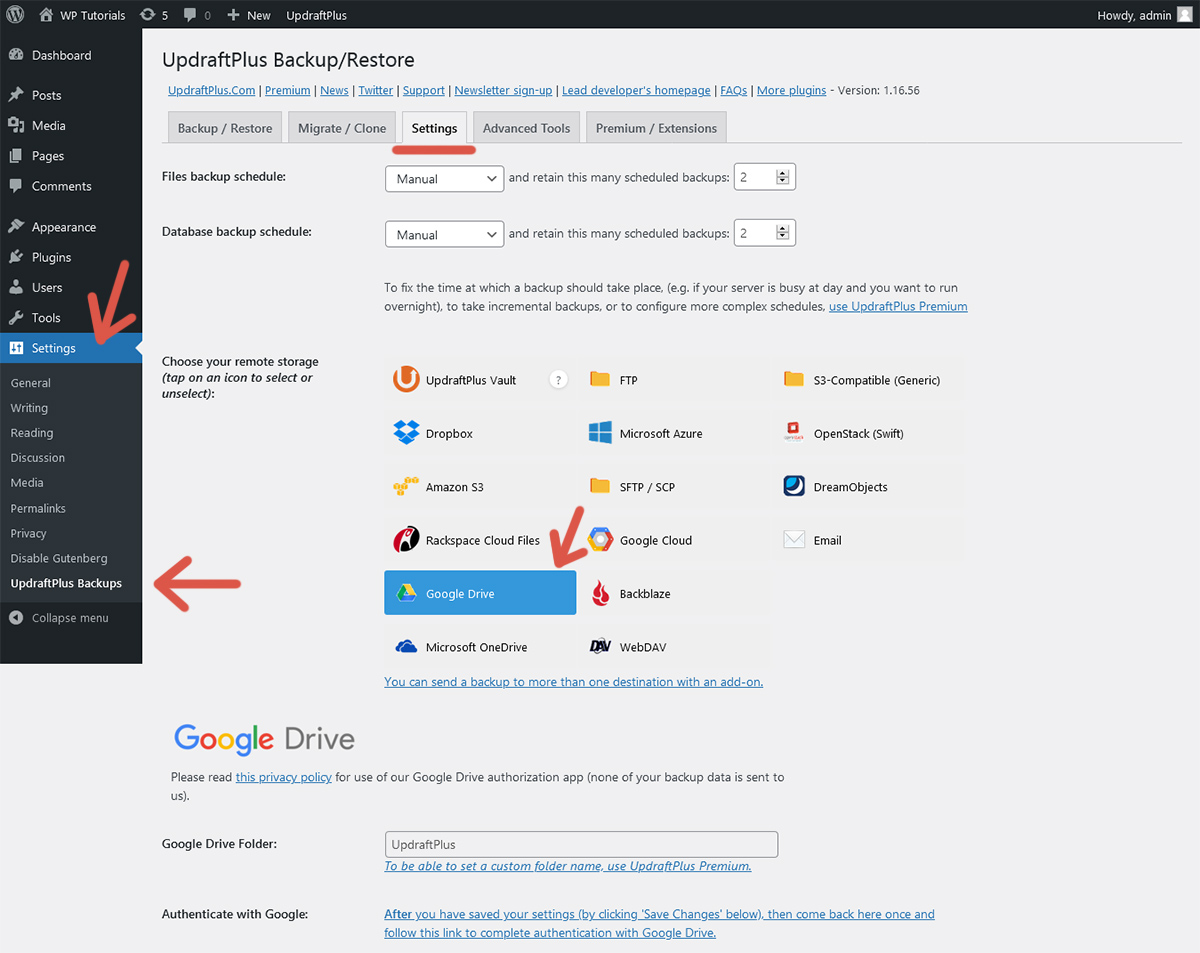 First step of the procedure to configure Google Drive in UpdraftPlus.