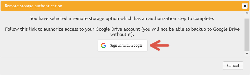Second step of the procedure to configure Google Drive in UpdraftPlus.