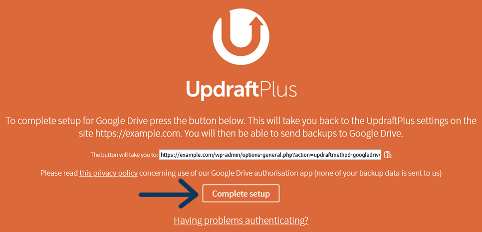 Third step of the procedure to configure Google Drive in UpdraftPlus.