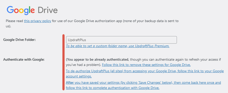 Fourth step of the procedure to configure Google Drive in UpdraftPlus.