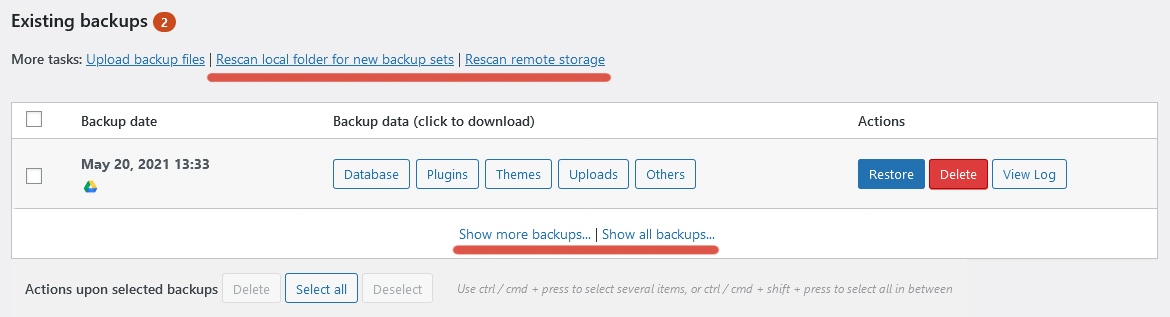 Third step of the procedure to create a backup using UpdraftPlus.