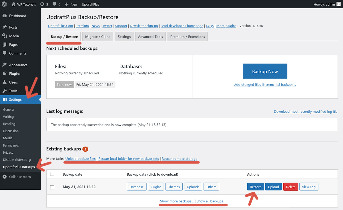 First step of the procedure to restore a website from a backup using UpdraftPlus.