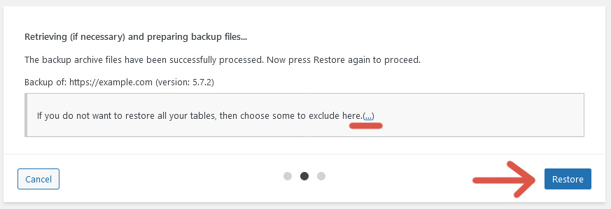 Third step of the procedure to restore a website from a backup using UpdraftPlus.