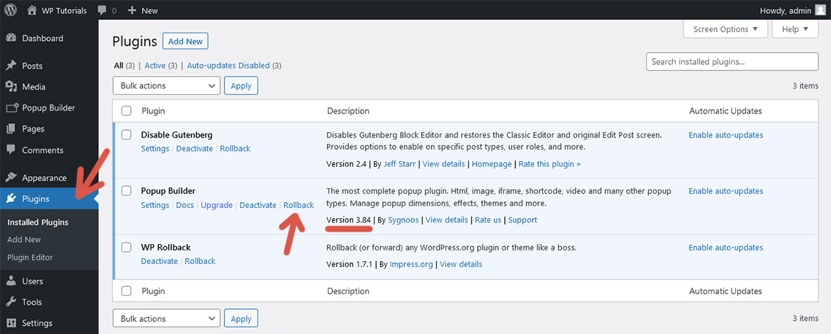 First step of the procedure to roll back a plugin using WP Rollback.