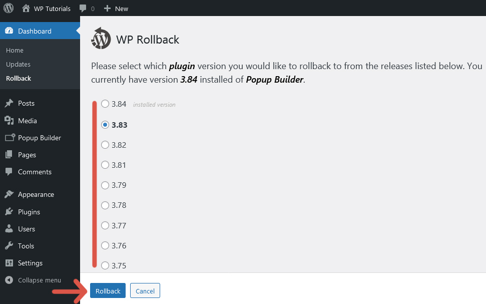 Second step of the procedure to roll back a plugin using WP Rollback.