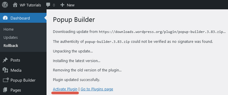 Third step of the procedure to roll back a plugin using WP Rollback.