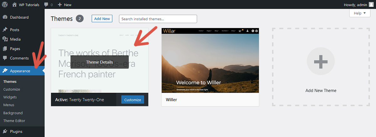 First step of the procedure to roll back a theme using WP Rollback.