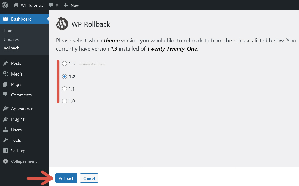 Third step of the procedure to roll back a theme using WP Rollback.