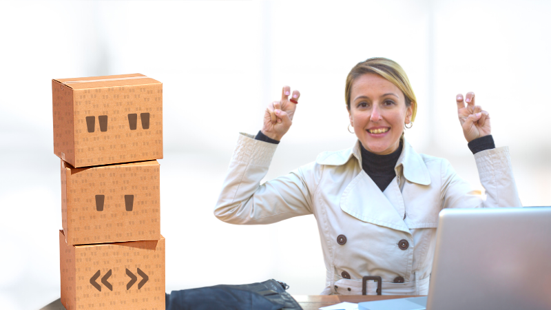 Woman and quotation marks in boxes.