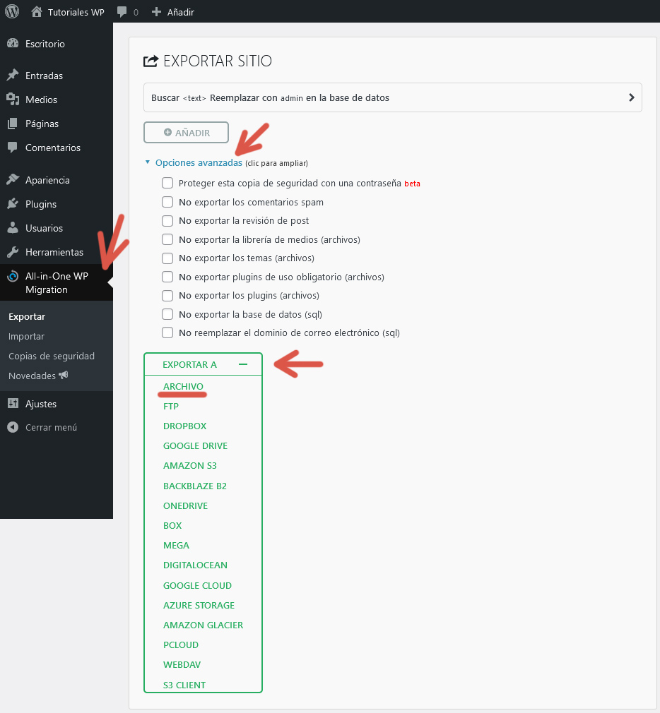 Pantalla que indica cómo exportar un sitio web hacia un archivo utilizando el plugin All-in-One WP Migration.