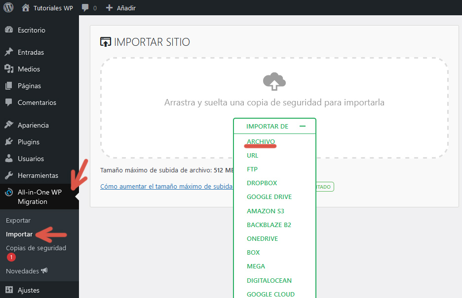 Pantalla que indica cómo importar una copia de seguridad desde un archivo utilizando el plugin All-in-One WP Migration.