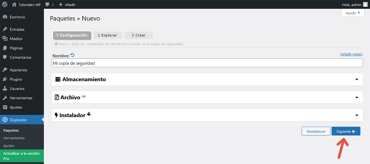 Segundo paso del procedimiento para crear un paquete utilizando Duplicator.