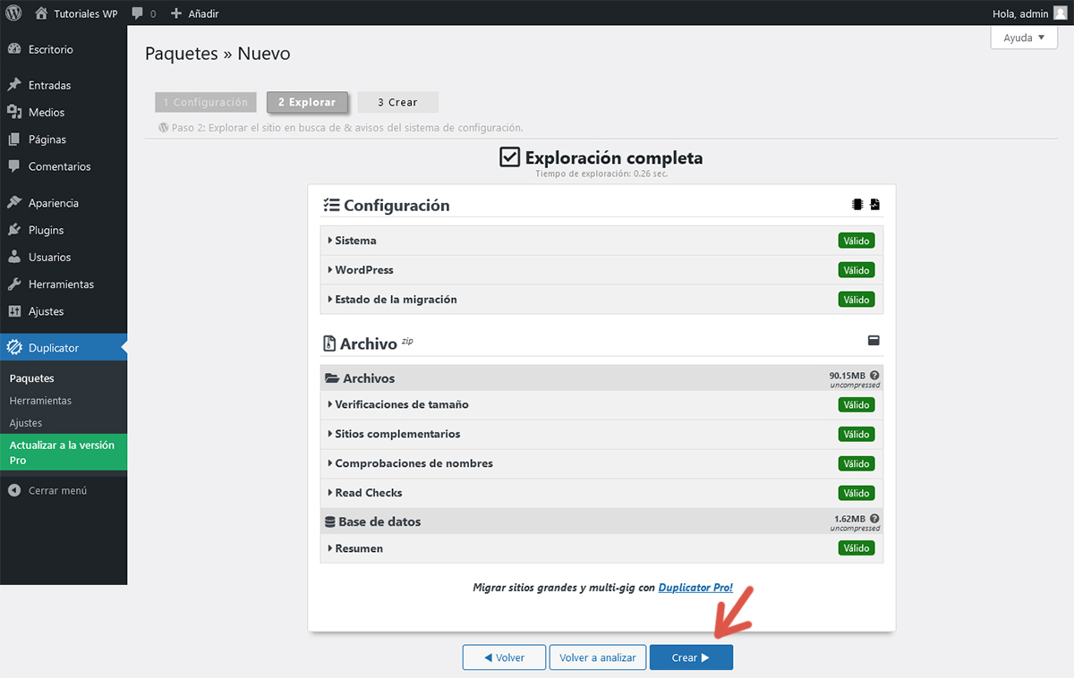 Tercer paso del procedimiento para crear un paquete utilizando Duplicator.