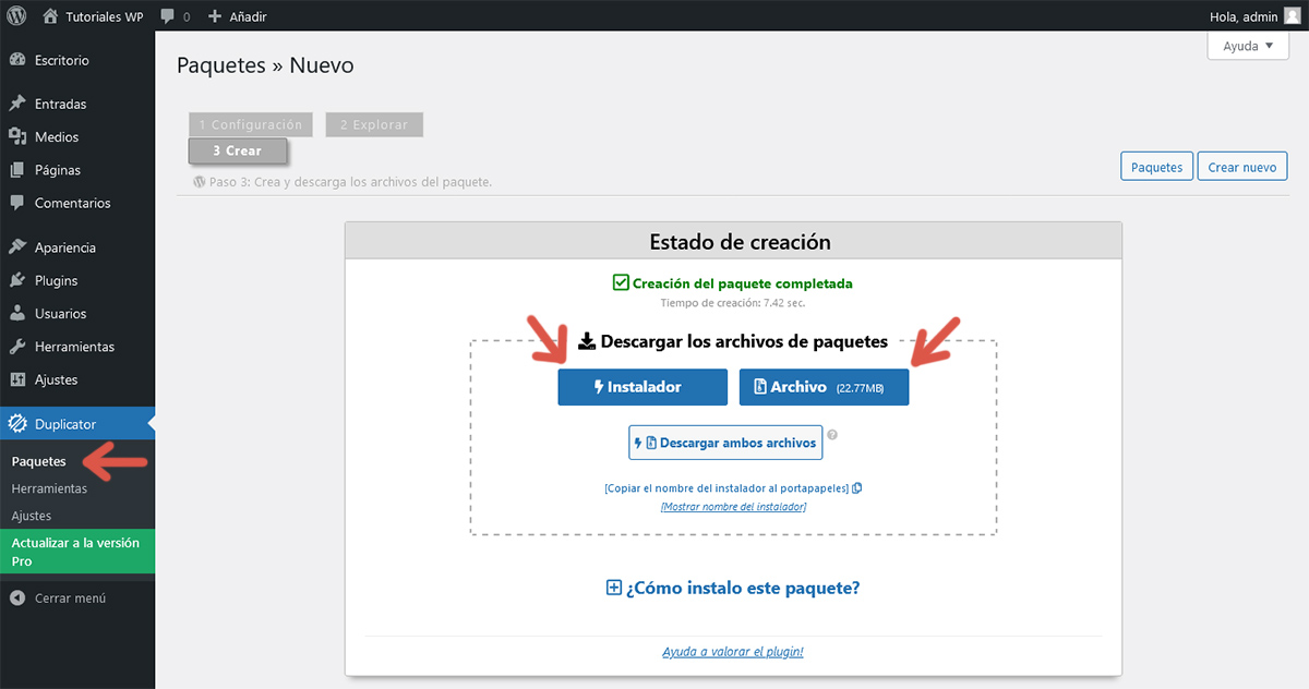 Cuarto paso del procedimiento para crear un paquete utilizando Duplicator.