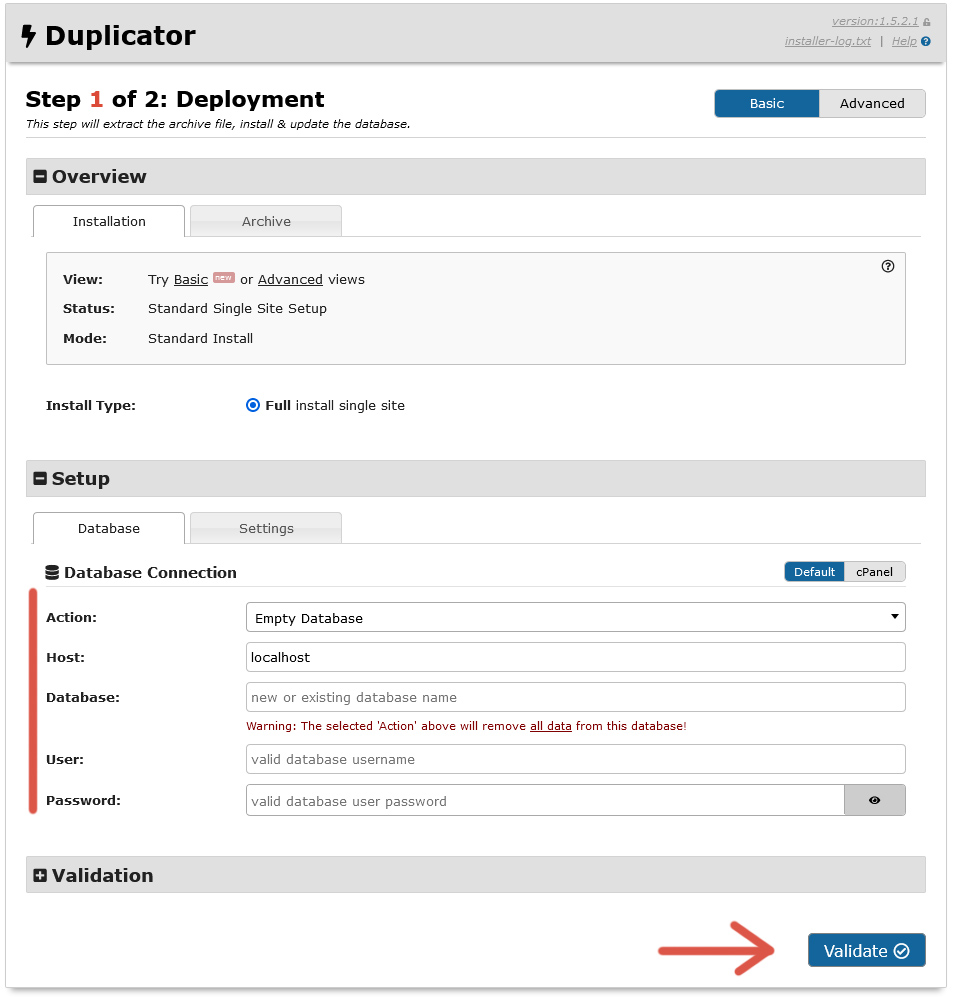 Primer paso del procedimiento para restaurar un sitio web a partir de una copia de seguridad utilizando Duplicator.